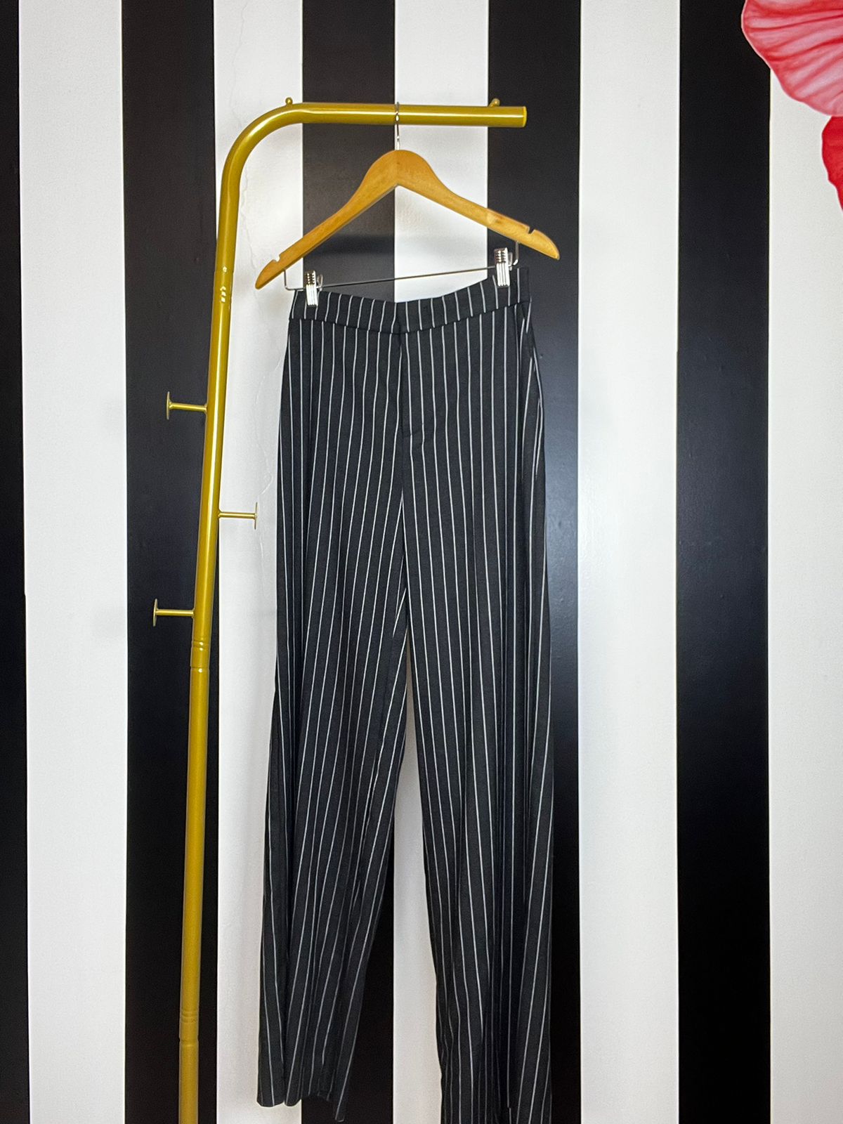 Black Wool Stripes Pants
